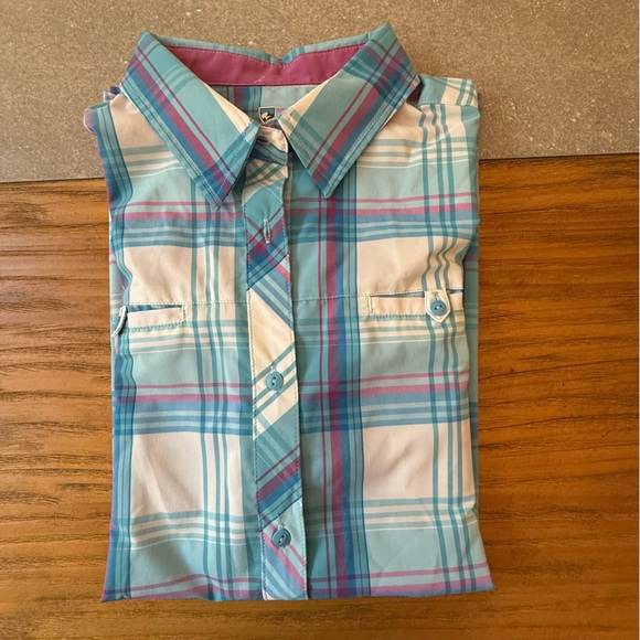 KUHL Women’s Plaid Button Up Short Sleeve Hiking Shirt Blue White Purple Medium - Picture 12 of 12